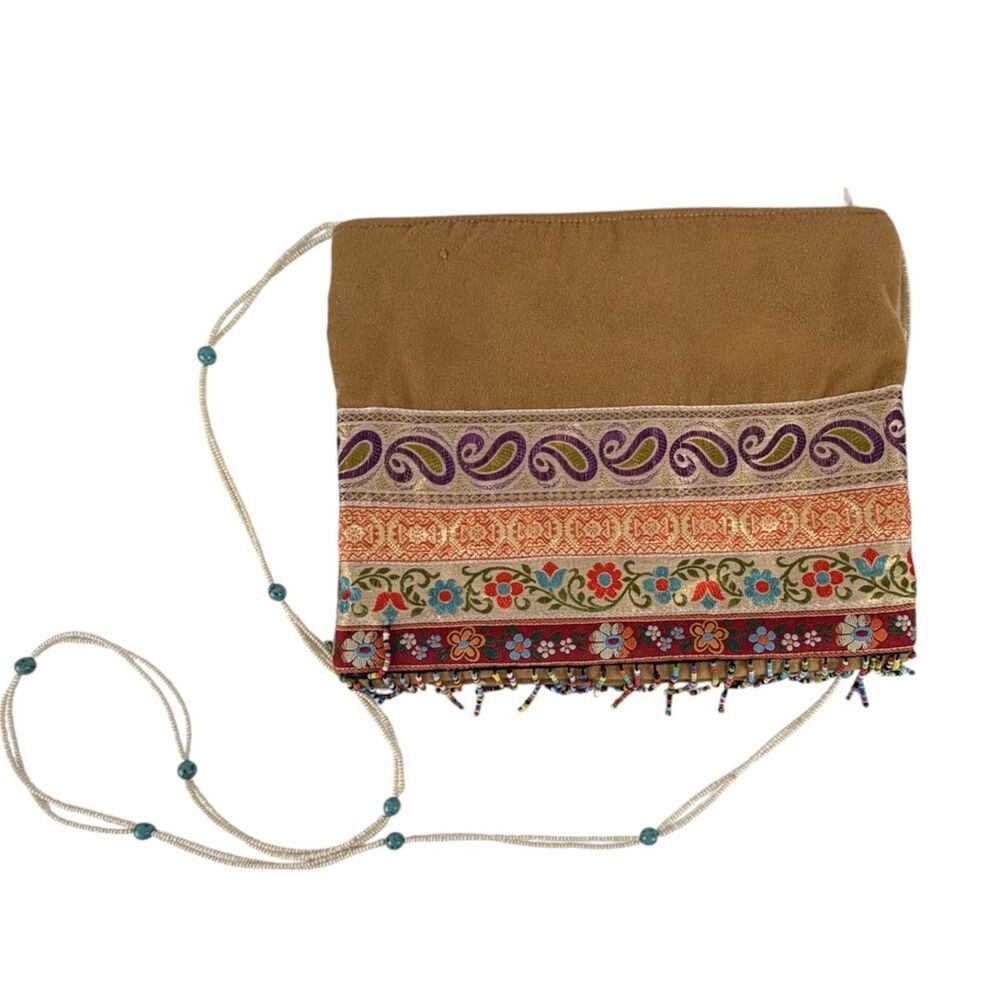 LISA VIOLETTO Art-To-Wear Crossbody Bag Silk Ribbon Beaded Fringe Boho Luxe